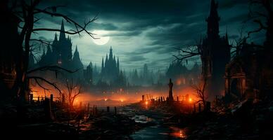 Creepy night in dark medieval castle, scary atmosphere for Halloween holiday background concept - AI generated image photo