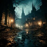 Creepy night in dark medieval castle, scary atmosphere for Halloween holiday background concept - AI generated image photo