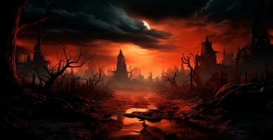 Creepy night in dark medieval castle, scary atmosphere for Halloween holiday background concept - AI generated image photo