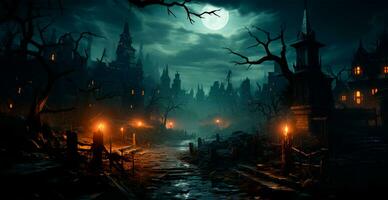 Creepy night in dark medieval castle, scary atmosphere for Halloween holiday background concept - AI generated image photo