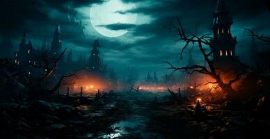 Creepy night in dark medieval castle, scary atmosphere for Halloween holiday background concept - AI generated image photo