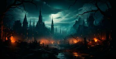 Creepy night in dark medieval castle, scary atmosphere for Halloween holiday background concept - AI generated image photo