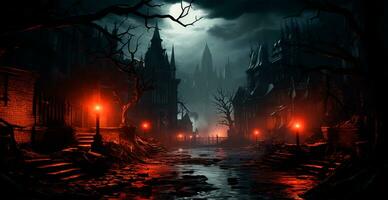 Creepy night in dark medieval castle, scary atmosphere for Halloween holiday background concept - AI generated image photo