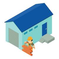 Construction icon isometric vector. Worker laying brick near utility building vector