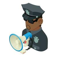 Officer speech icon isometric vector. Male officer character with loudspeaker vector