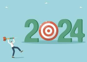 Setting business target for new year 2024, developing strategy or plan to achieve financial goals or results in work, striving or motivating for success in new year, man throws dart at board for 2024. vector