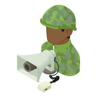 militar habla icono isométrica vector. militar personaje con altoparlante vector