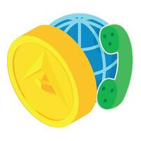 Ark cryptocurrency icon isometric vector. Golden ark coin near globe and handset vector