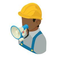 Builder speech icon isometric vector. Male builder character with loudspeaker vector