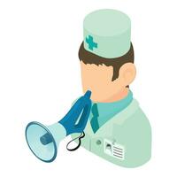 Doctor speech icon isometric vector. Male doctor character with loudspeaker icon vector