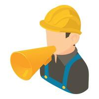 Worker speech icon isometric vector. Male worker character with loudspeaker icon vector