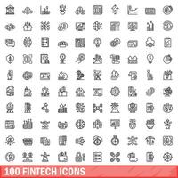 100 fintech icons set, outline style vector