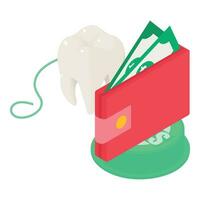dientes cuidado icono isométrica vector. humano diente cerca dental seda floja y dinero billetera vector