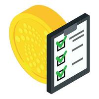Iota cryptocurrency icon isometric vector. Big Iota coin and list with checkmark vector