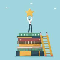 New knowledge and wisdom to achieve great success, develop intelligence or logic through reading books and reach heights in career, training and education for new opportunities, man with star on books vector