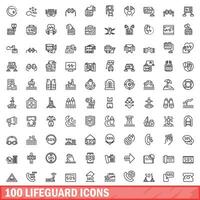 100 lifeguard icons set, outline style vector