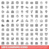 100 e-learning icons set, outline style vector