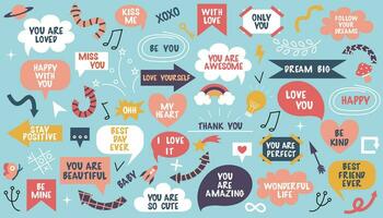 Hand drawn set of speech bubbles with compliments, motivational phrases, self love, dialogue of people in love, school correspondence. Cartoon icons, stickers, stickers, colorful elements and doodles. vector