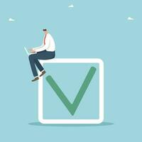 Choice concept. Online-questioning or voting, survey or testing. Successful completion of tasks, compliance with project deadlines, successful closing of transactions. Man sits on cell with check mark vector