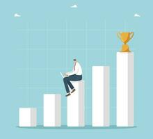 Hard work or learning on way to high career results or new business development prospects, gradually completing tasks to achieve goals or receive rewards, man with laptop sits on chart with cup on top vector