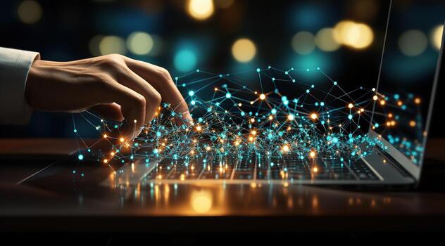 Hands typing on a laptop with blue dots on an screen. Geometric cyberspace, network and future concept. Created with Generative AI photo