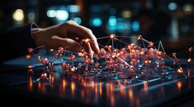 Hands typing on a laptop with blue dots on an screen. Geometric cyberspace, network and future concept. Created with Generative AI photo