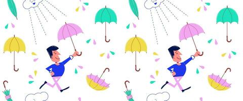 Seamless pattern with a cute male character. Retro character of a man with an umbrella. Vector background in vintage style. Aesthetics of the 60s, 70s.