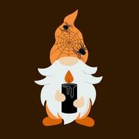 Halloween wizard gnome holding black candle. Happy Halloween. Vector illustration design template for banner or poster.