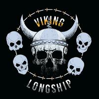 vector illustration of a skull with viking helmet surrounded by small skulls on black background. Head drawing for t-shirts or posters.