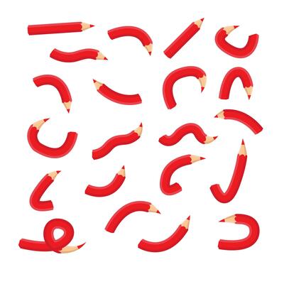 Set curve of red pencils. Art and creativity, pack for drawing. Stationery for school and office. Cartoon flat collection.Vector illustration