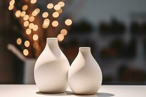 Modern beige ceramic vases under spotlight on the countertop. AI Generated photo