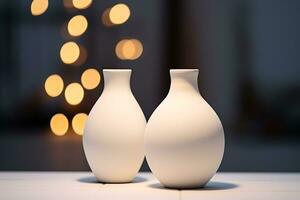 Modern beige ceramic vases under spotlight on the countertop. AI Generated photo