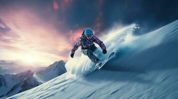 Snowboarder on the slope with blue sky on background photo