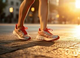 Woman walking on pavement with running shoes photo