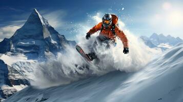 Snowboarder on the slope with blue sky on background photo