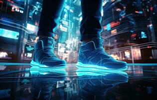 un persona en corriendo Zapatos en el antecedentes de un electrónico señal foto