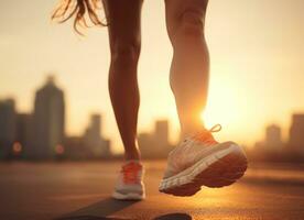 Woman walking on pavement with running shoes photo