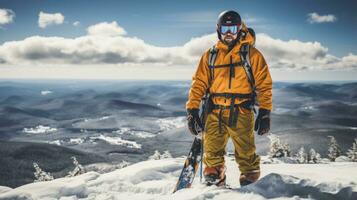 Man in ski goggles rides a snowboard from a snowy mountain photo