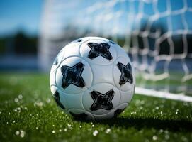 fútbol pelota acostado en el objetivo red foto