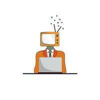 man wearing orange suit with TV instead of head on white background, surreal, modern art, collage, vector, editable vector