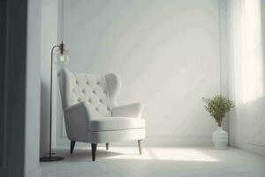 blanco pared antecedentes con un elegante Sillón en un moderno interior, ai generado foto