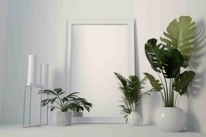 white display stand with tropical foliage on neutral background, AI Generated photo