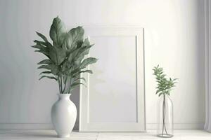 Empty white frame mockup with plant in trendy vase on white wall, AI Generated photo