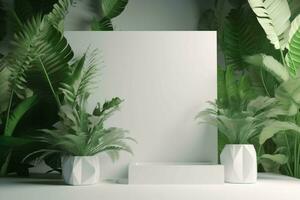 Empty white display stand with tropical foliage on neutral background,  AI Generated photo