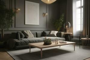 living room with a comfortable sofa and empty space,  AI Generated photo