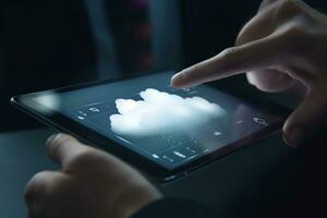 Businessman using tablet to demonstrate cloud computing and data storage, AI Generated photo