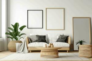 white wall in modern style living room blank picture frame mockup,  AI Generated photo