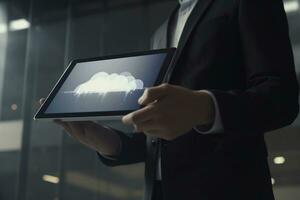 businessman's hand showing cloud computing for data storage, AI Generated photo