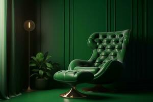 Green armchair with footrest in living room on dark green wall background, AI Generated photo