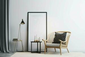 Contemporary living space with blank picture frame mockup and chair,  AI Generated photo